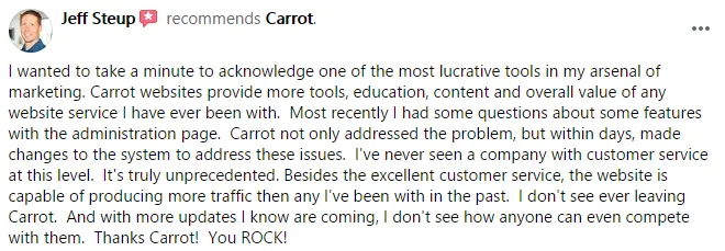 Jeff Steup recommending Carrot's tools and customer service