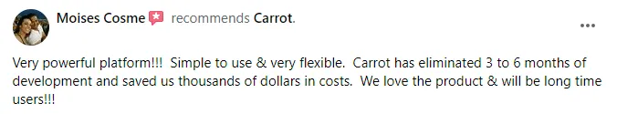 Moises Cosme recommending the Carrot platform