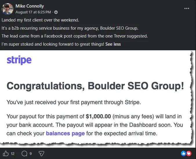 Mike Connolly sharing his first client and $1,000 payment