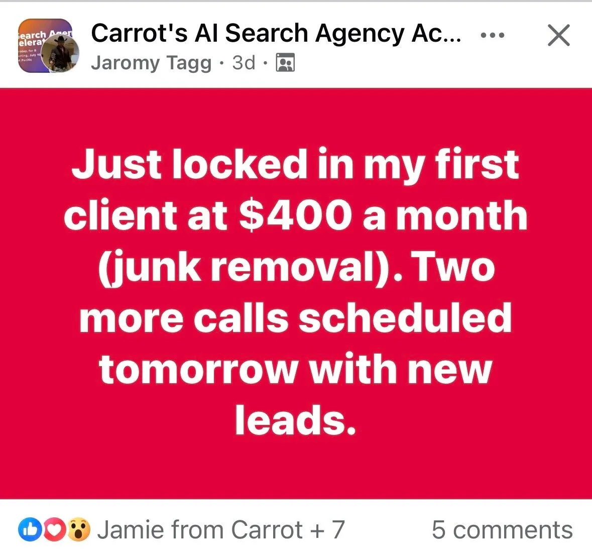 Jaromy Tagg sharing his first client at $400 per month