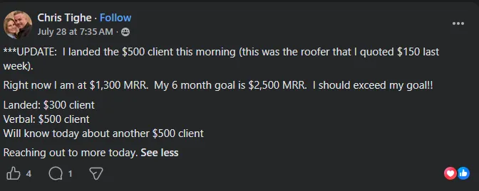 Chris Tighe sharing that he reached $1,300 in monthly recurring revenue