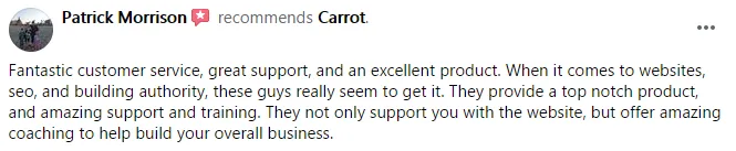 Patrick Morrison recommending Carrot's product, support, and training
